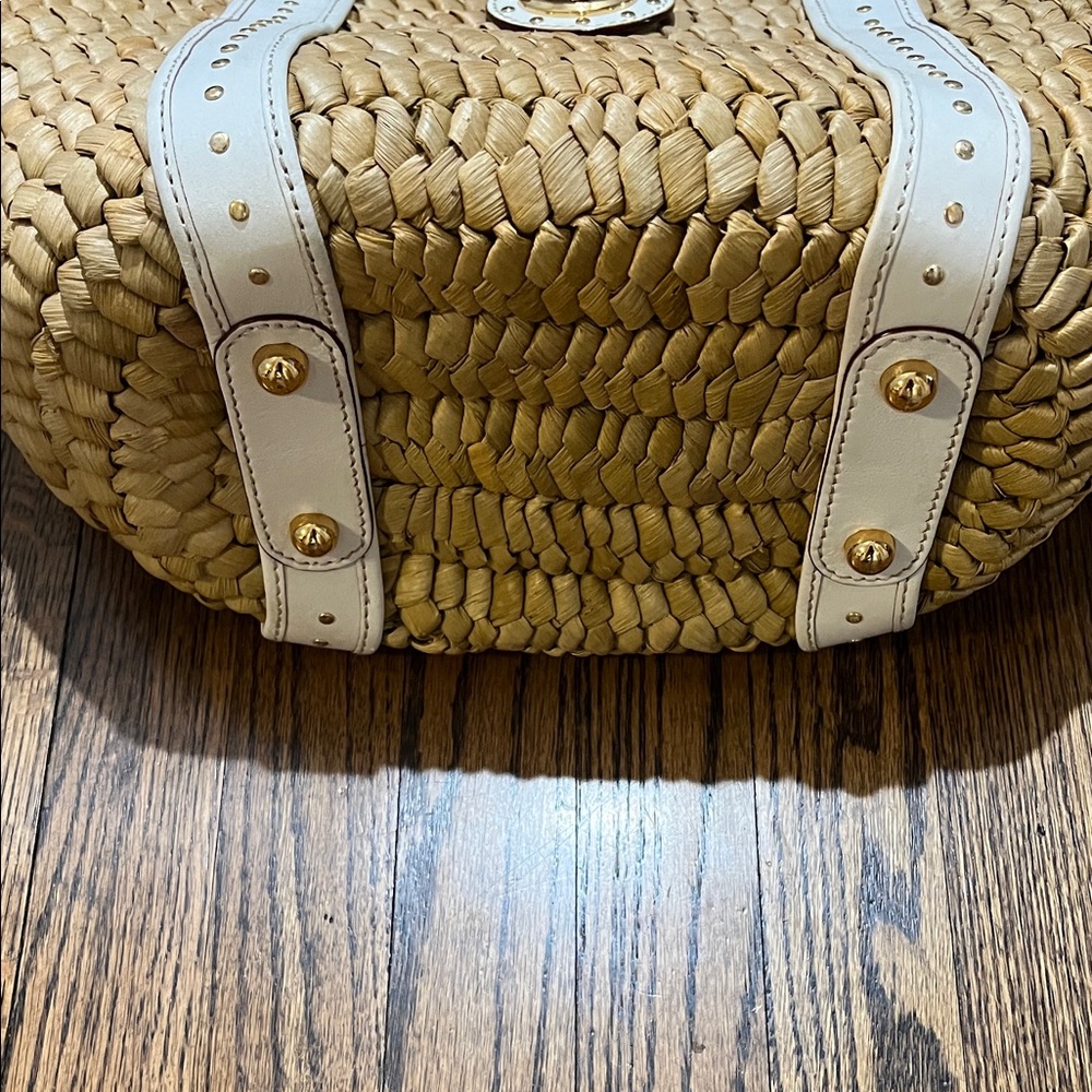 Michael Kors Natural Straw Tote with White Trim and Gold Hardware - Picture 3 of 8